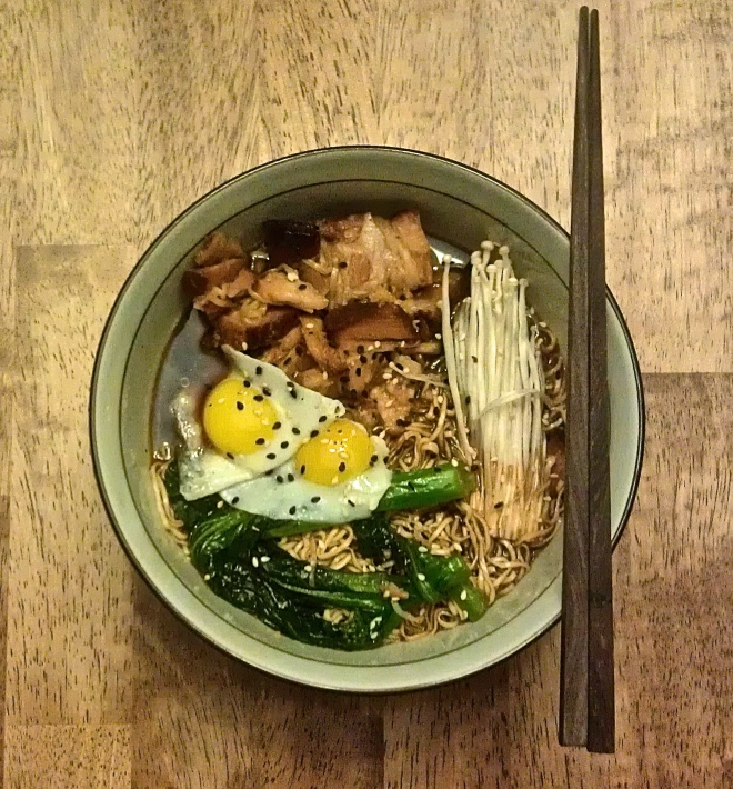 Tonkotsu Ramen; quail eggs, pork belly, enoki mushrooms, yu choy